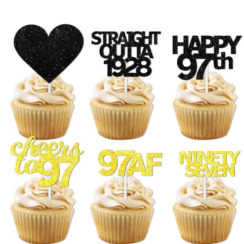18Pcs Black Gold Glitter Dessert Cupcake Pick For Straight Outta 1928 Cheer To 97 Years Old Theme Decor Supplies Happy 97Th Birt
