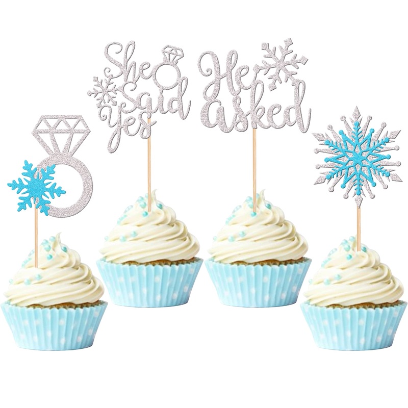 24 Pcs He Asked She Said Yes Cupcake Toppers Glitter Diamond Ring Snowflake Cupcake Picks Bridal Shower Cake Decorations For Win