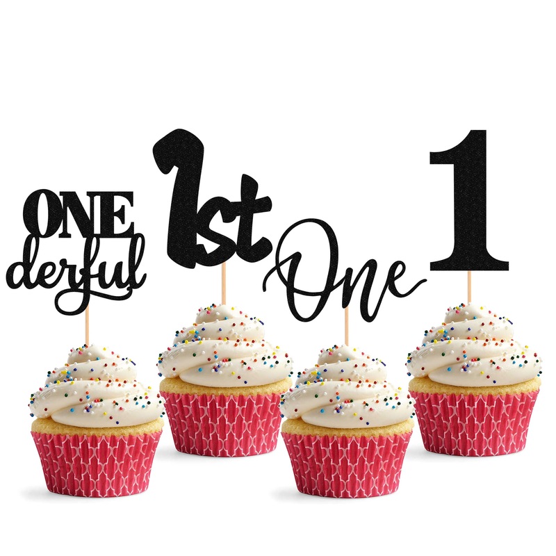 24Pack First Birthday Cupcake Topper – Glitter Black One Cupcake Picks,1St Birthday Cupcake Decorations Supplies (Black)