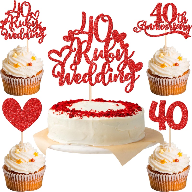 25 Pcs 40Th Anniversary Cupcake Toppers With Ruby Wedding Cake Topper Red Glitter Heart Cupcake Picks For 40Th Wedding Anniversa