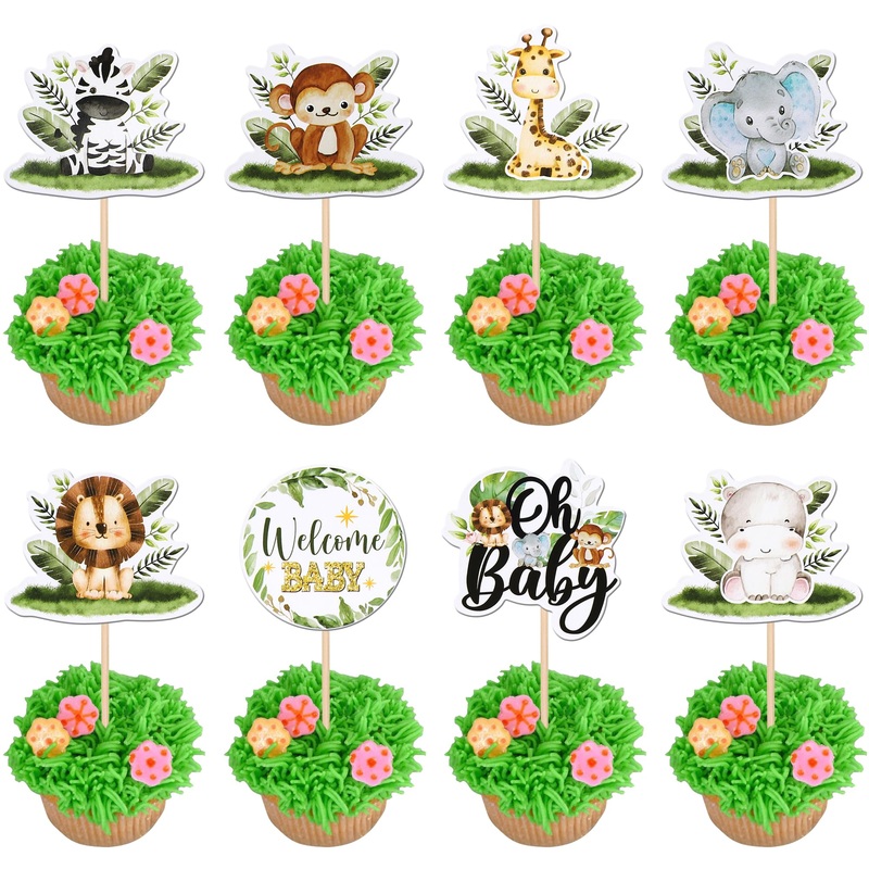40 Pcs Safari Animals Baby Shower Cupcake Toppers Oh Baby Jungle Animals Cupcake Picks Elephant Giraffe Lion Hippo Monkey Zebra