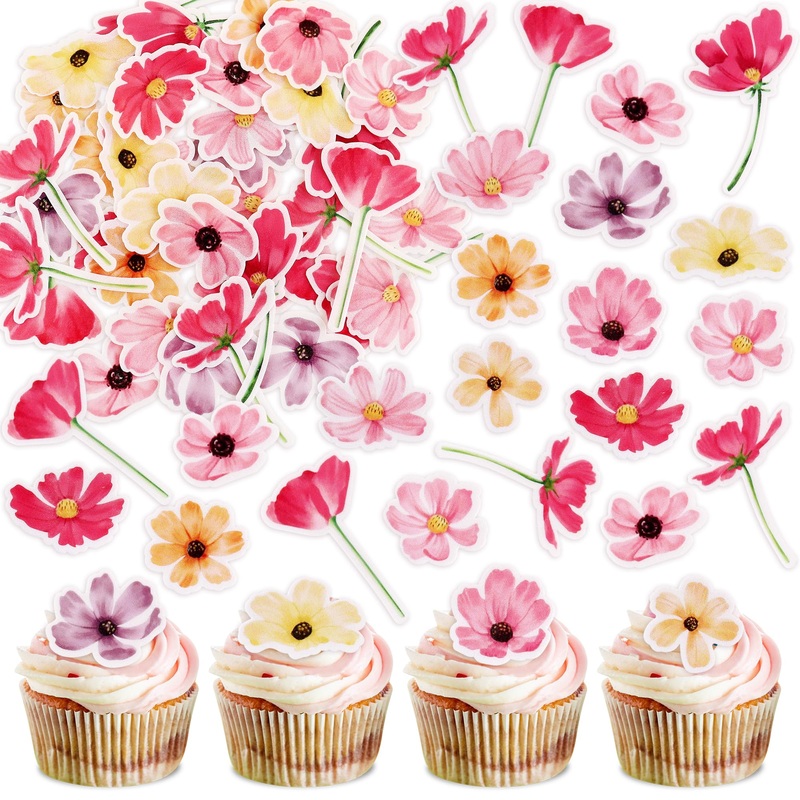 52 Pack Edible Flower Cupcake Toppers Spring Bridal Engagement Baby Shower Birthday Party Cupcake Picks Drink Topper Anniversary