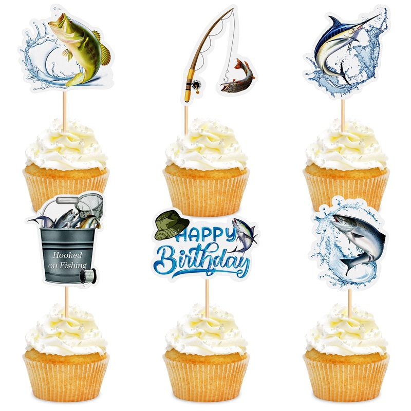 Cyodoos 36Pcs Fishing Cupcake Toppers Go Fishing Theme Decorations Baby Shower Boys Girls Happy Birthday Party Tropical Party Ca