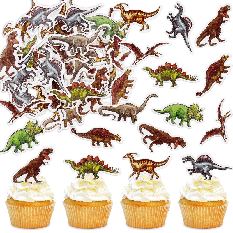 Cyodoos 45 Pcs Edible Dinosaur Cupcake Toppers Wafer Paper Dinosaur Baby Dinosaur Cupcake Dinosaur Drink Topper Childrens Birthd