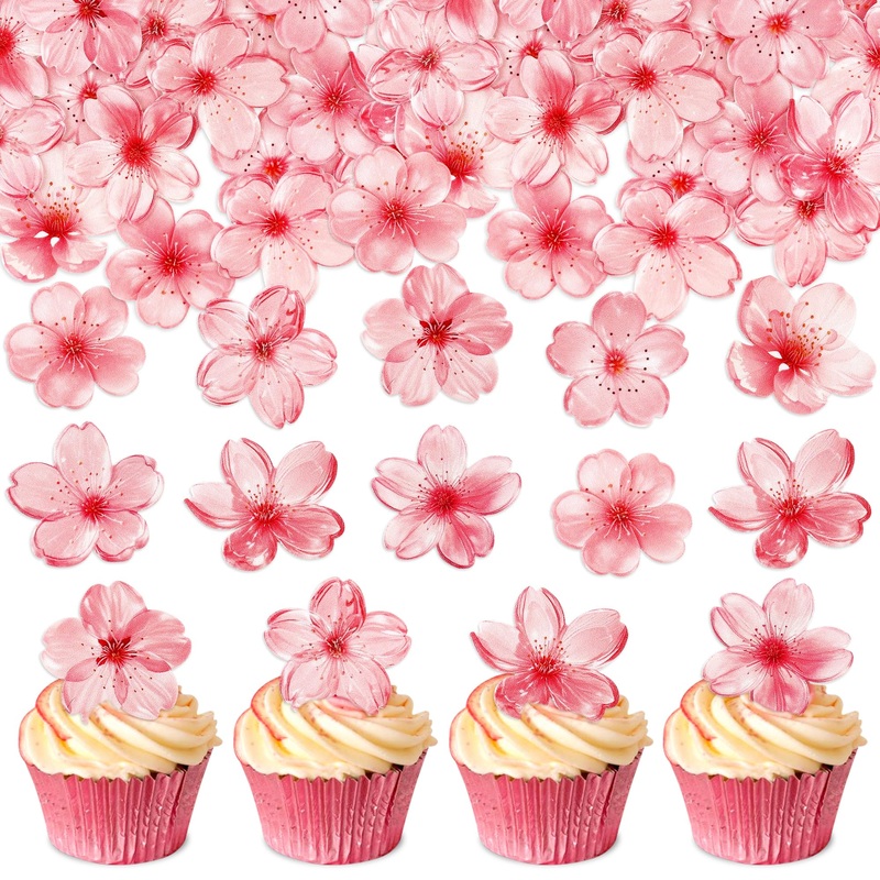 Ercadio 40 Pack Edible Cherry Blossom Cupcake Toppers Flower Cake Drink Topper Picks Spring Bridal Engagement Baby Shower Birthd