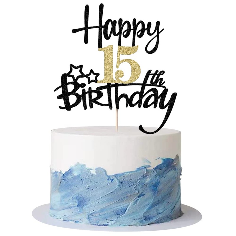 Kaoenla Black Gold Glitter Happy 15Th Birthday Cake Topper – Hello 15/Cheers15,Happy Fifteen Birthday Anniversary,15 Years Old B