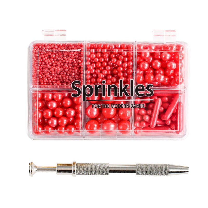 Kasvan Red Mix Sugar Sprinkles – Edible Candy Pearls With 4-Claw Sprinkle Pen,118G/4.16 Oz, Gift Box Pack, Baking Cake Decoratio
