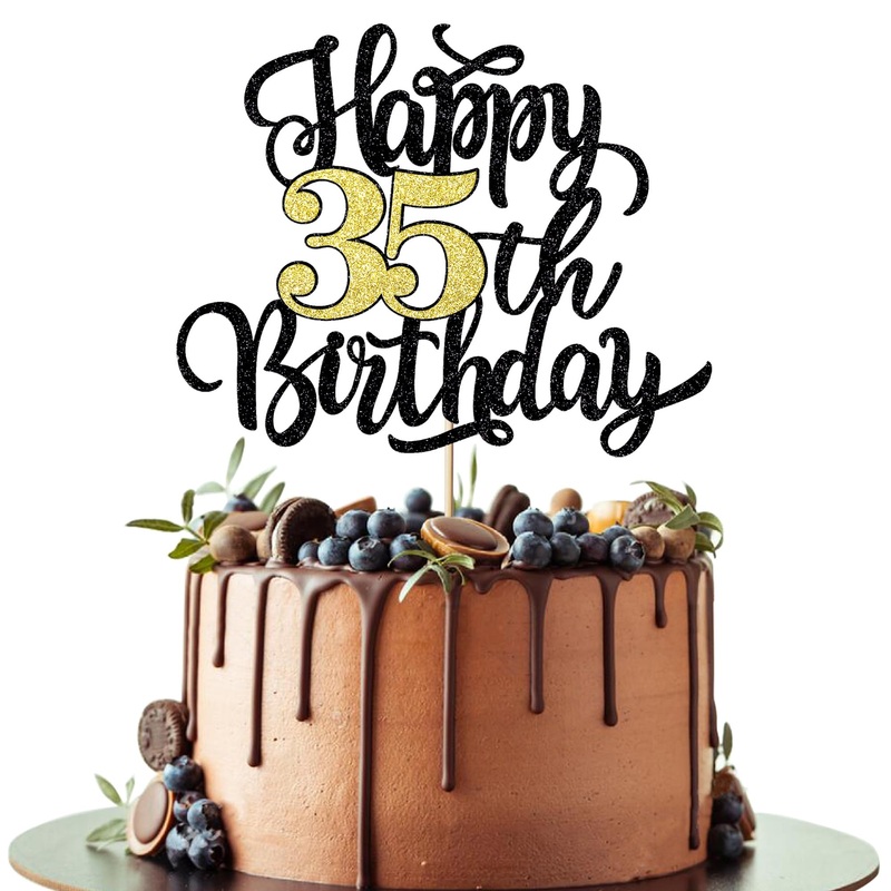 Leetaivie Happy 35Th Birthday Cake Topper, Black Gold Glitter Birthday Cake Topper, 35Th Anniversary/ 35Th Birthday Party Decora