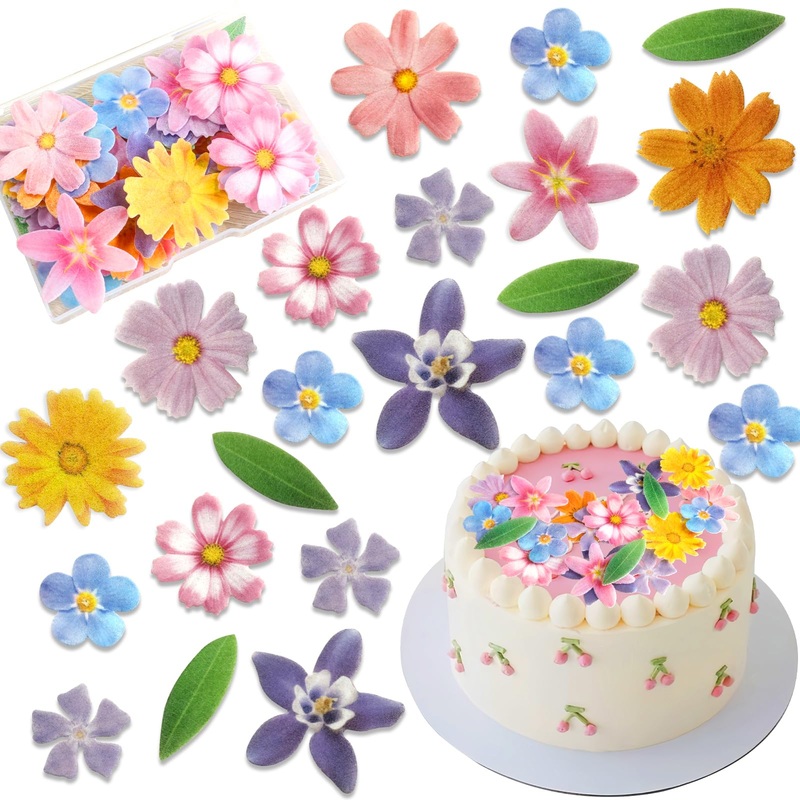 Morofme 60Pcs Edible Flower Cake Decorations Wafer Paper Flowers Hawaiian Flower Leaves Cake Decor Daisy Cupcake Topper Mixed Si