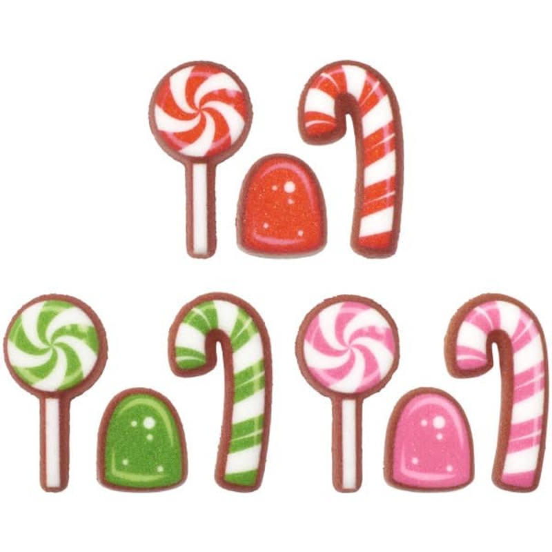 Red, Green, And Pink Lollipop, Candy Cane, Gum Drop Shape Edible Sugar Cake Toppers, 12 Count