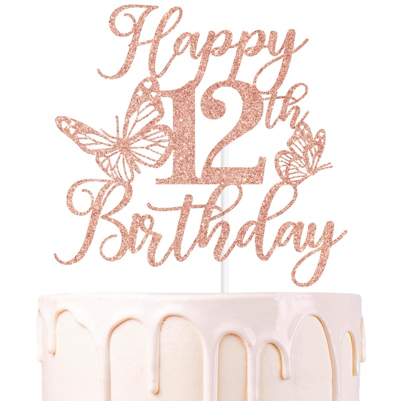 Rose Gold Glitter Happy 12Th Birthday Cake Topper, Butterfly Happy 12Th Birthday/Cheers To 12 Years, Butterfly Themed 12Th Birth