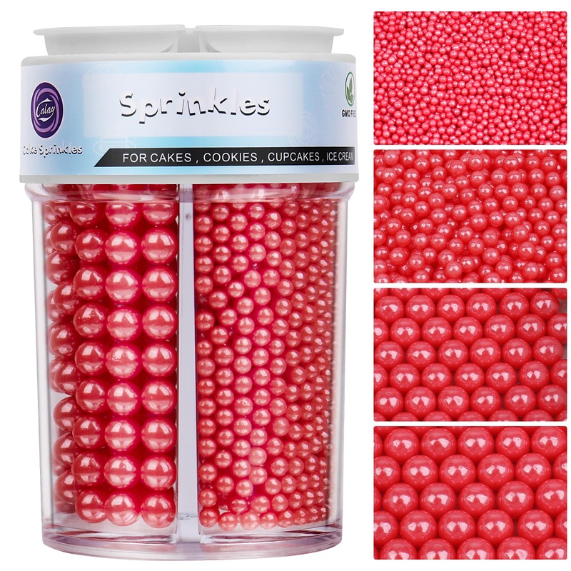 Sprinkles For Cake Decorating, Red Pearl Sprinkles 4 Sizes Mix For Cake Cupcake Cookie Baking Donuts Ice Cream Toppings