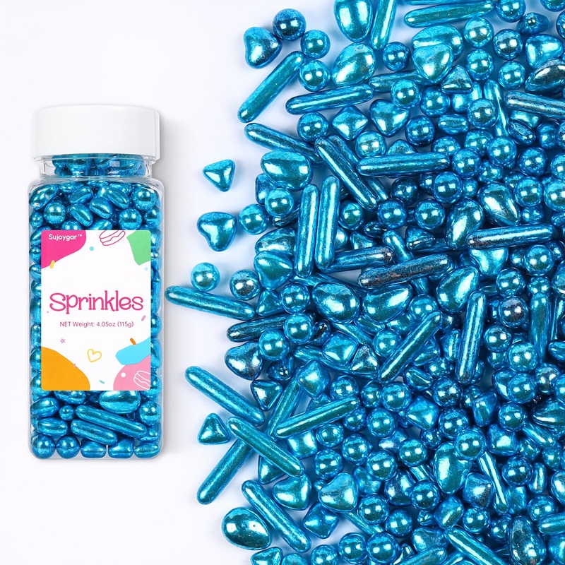 Sujoygar Blue Sprinkles For Cake Decorating, Blue Gold Pearl Rods Sugar Candy, Metallic Sprinkles For Baking Cupcake Toppers Coo