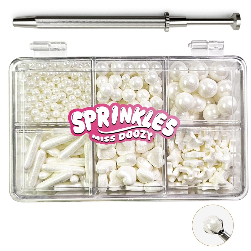 White Sprinkles With 4-Claw Pick Up Tool Pearl Sugar Mix Size 6.5Oz Contains Metallic Rod & Star Sprinkles For Cake Decorations