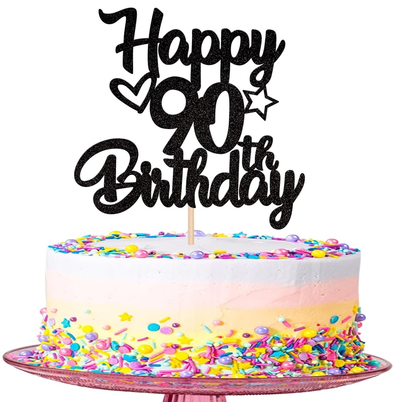 1 Pack Happy 90Th Birthday Cake Topper Glitter Heart Star 90 Fabulous Cake Pick Birthday Sign Cake Decorations For Children 90Th