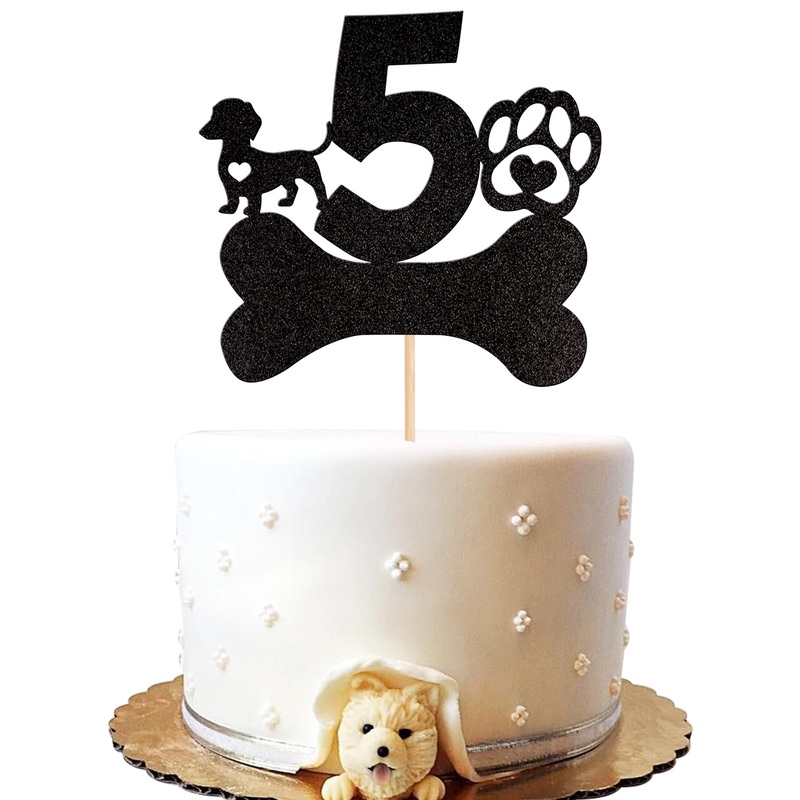 1 Pcs 5Th Birthday Cake Topper Black Glitter Dog Paw Five Years Old Birthday Puppy Dog Bone Cake Pick For Let’S Pawty Baby Showe