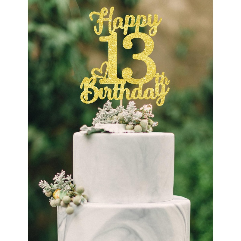 13 Birthday Cake Topper – Double Sided Gold Glitter, Happy 13Th Birthday Cake Topper For Girls,13 Cake Decorations For Girls, 13