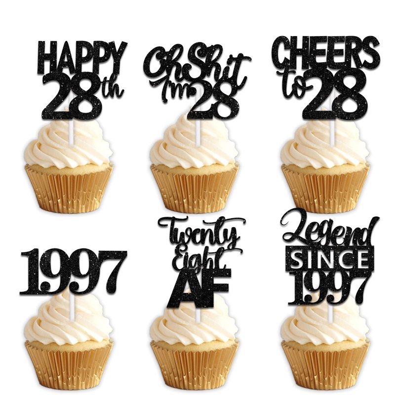 18Pcs Black Glitter Happy 28Th Dessert Cupcake Topper Pick For Funny Legend Since 1997 Theme Decor Supplies Men Women Happy 28 B