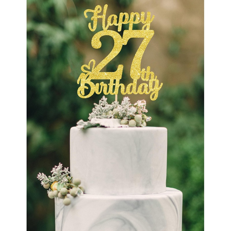 27 Birthday Cake Toppers-Gold Glitter, 27Th Cake Topper For Men,27 Cake Topper For Women, 27Th Birthday Decorations,27Th Birthda