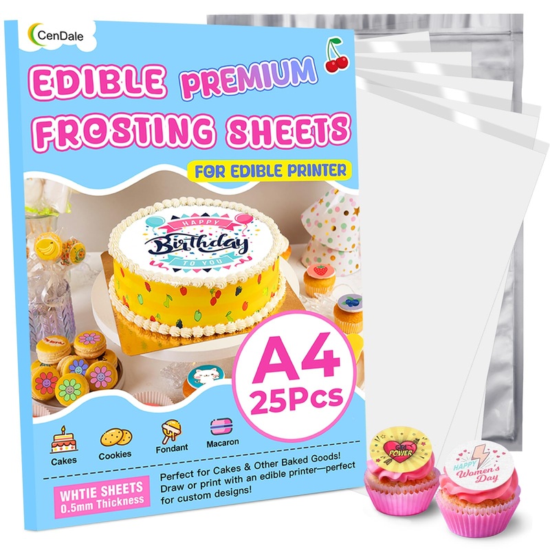 Cendale Edible Frosting Sheets – A4 25 Pcs Sugar Sheets For Edible Printer, Icing Sheets Edible Paper For Cake Printable, Sugar