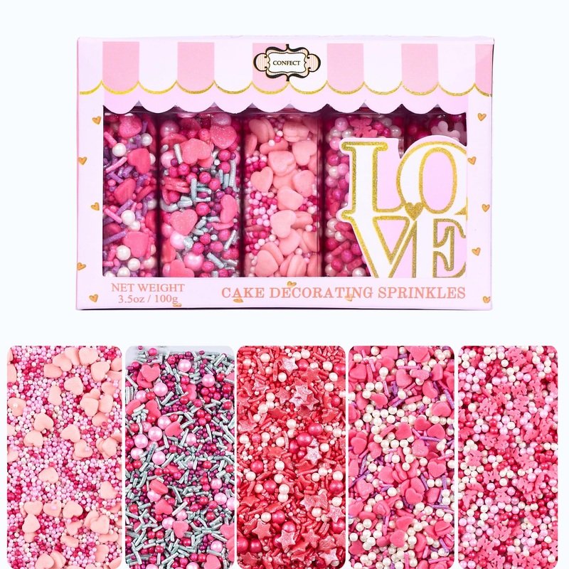 Confect Pretty In Pink & White Pearl Sprinkles Mix – Edible Heart & Star Sprinkles For Cakes, Cupcakes, Cookies – Birthday & Bak