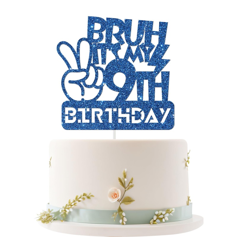 Embhhor Bruh It’S My 9Th Birthday Cake Topper, Dude Bro I’M 9, Boys Happy 9Th Birthday Cake Decor, Blue Glitter (9Th)