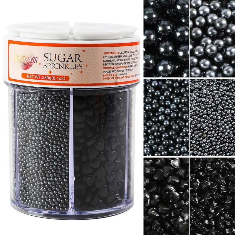 Kasvan Black Pearl Sprinkles, 6 Sizes Mix For Cake Decorating, 230G/8.1Oz, Baking Cake Decorations, Ice Cream Toppings And Cooki