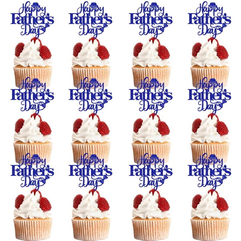 Keoysek 12Pcs Happy Father’S Day Cake Toppers Glitter Cupcake Topper Blue Cake Decoration For Father’S Day Party Supplies Dad Ca
