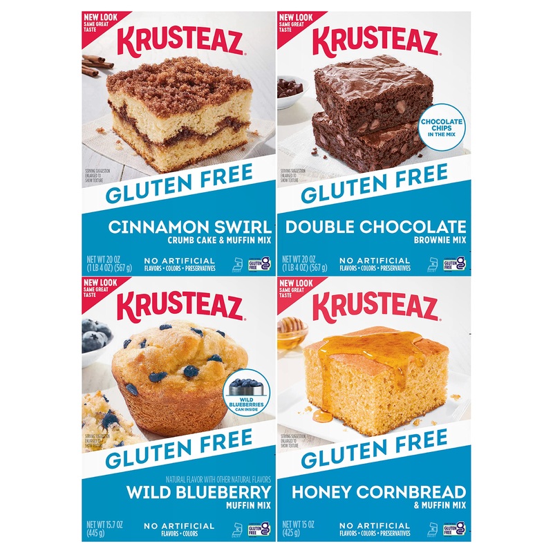 Krusteaz Gluten Free Baking Mix Variety Pack, 1 Cinnamon Swirl Cake Mix, 1 Double Chocolate Brownie Mix, 1 Wild Blueberry Muffin
