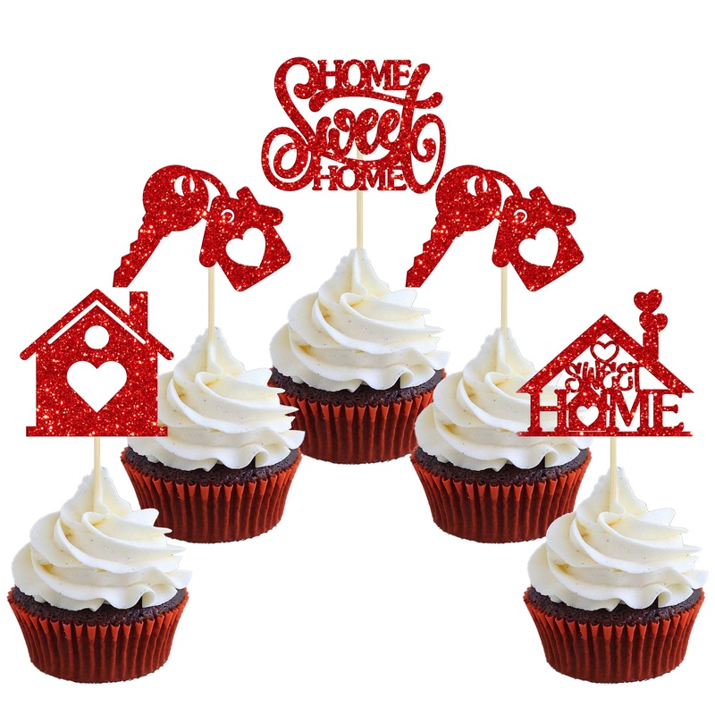 24Pcs Home Sweet Home Cupcake Toppers Glitter Key Housewarming Cupcake Pick Decorations For Welcome New Home Theme Party Cake De