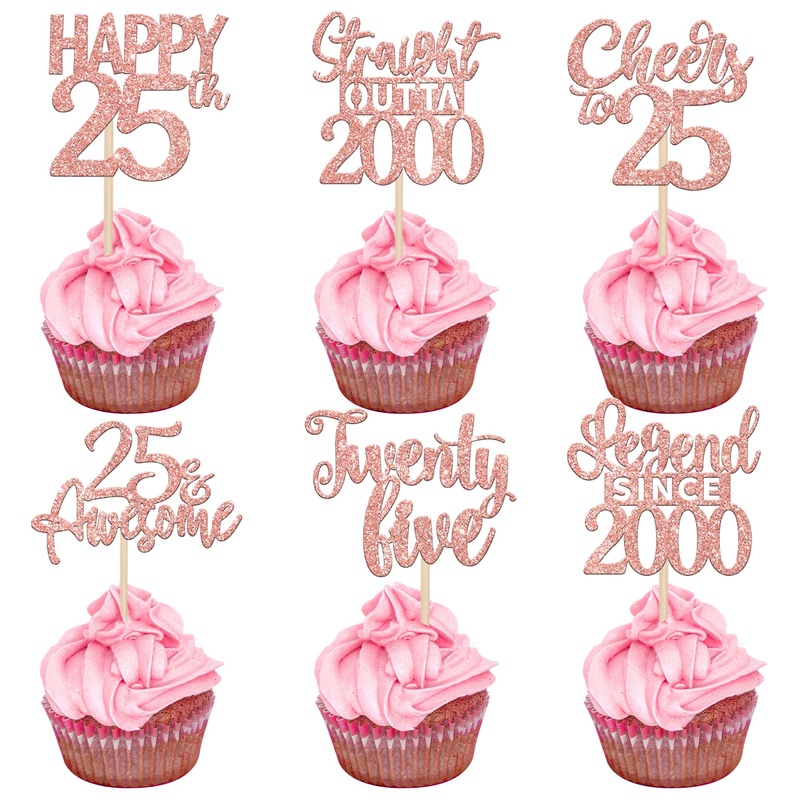 24Pcs Rose Gold Happy 25Th Birthday Cupcake Toppers Twenty Five Straight Outta 2000 Cupcake Picks Cheers To 25 Lengend Since 200