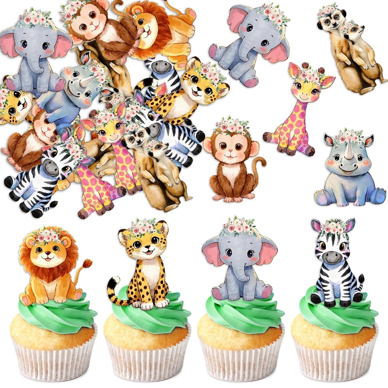 40Pcs Edible Floral Jungle Safari Animal Cupcake Toppers Wafer Paper Safari Animal Theme Cake Toppers Decoration For Animal Drin