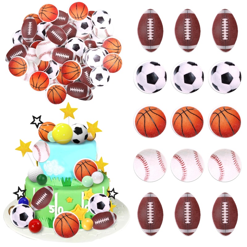 60 Pcs Edible Sports Cupcake Toppers Baseball Cupcake Picks Football Soccer Ball Toothpicks Rugby Basketball Cake Decorations Fo
