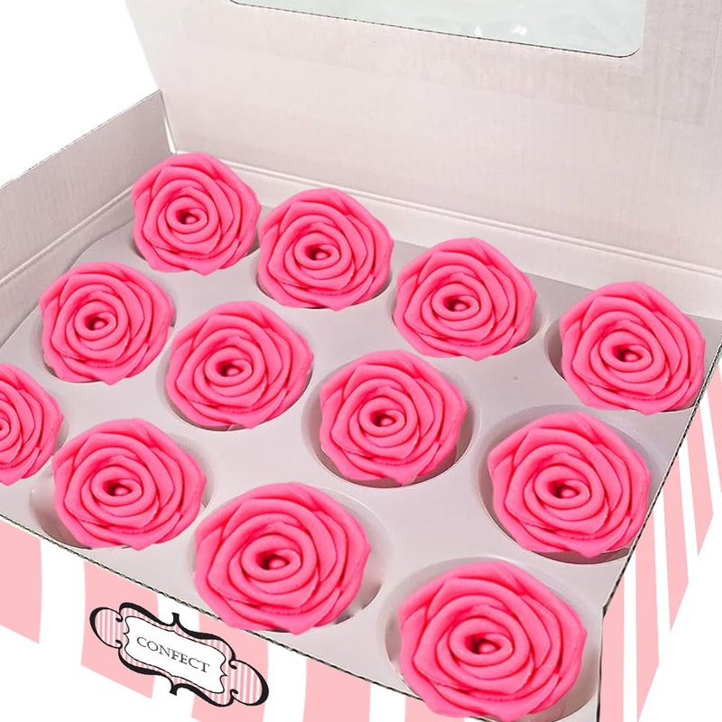 Confect Hot Pink Edible Roses – 12 Pack For Cake & Cupcake Decorating – Vegan, Gluten-Free Floral Toppers For Desserts, Nut-Free