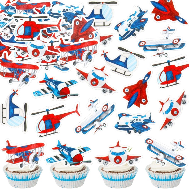 Cyodoos 40 Pcs Edible Airplane Cupcake Toppers Wafer Paper Airplane Cupcake Toppers Airplane Drink Topper Kids Birthday Party Ca