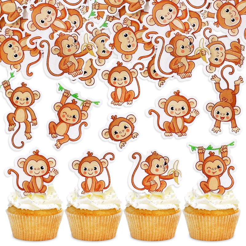 Cyodoos Edible 42Pcs Monkey Cupcake Toppers Wafer Paper Animal Zoo Theme Monkey Cupcake Picks Baby Shower Kids Birthday Party Ca