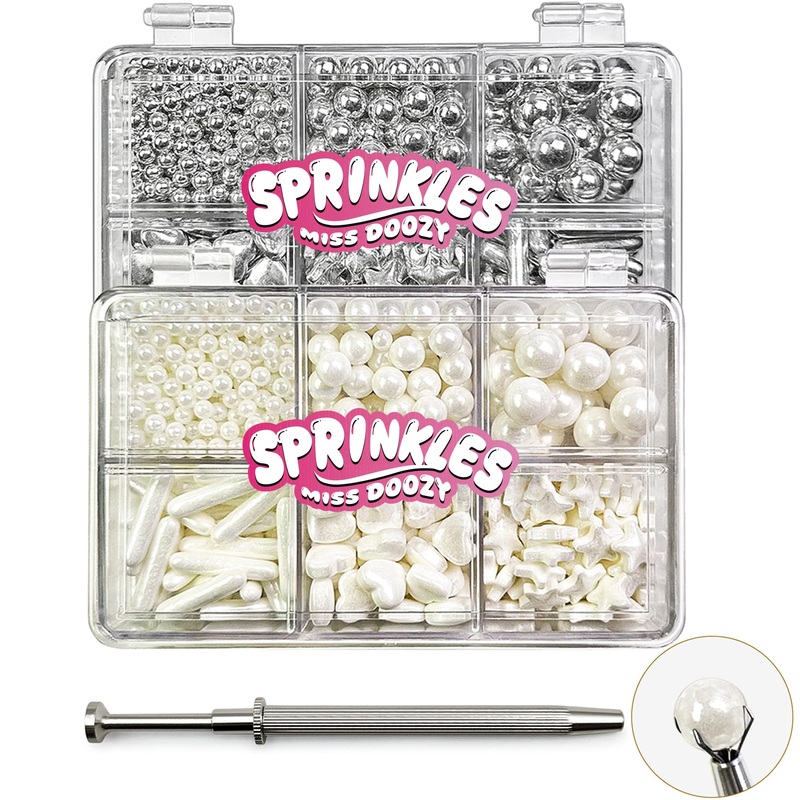 White Sprinkles And Sliver Sprinkles 2 Pack With 4-Claw Pick Up Tool, 13Oz Pearl Sprinkles Mix Size For Baking, Cupcake, Cookie,